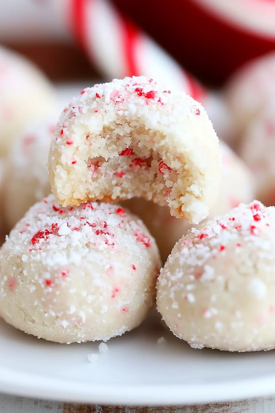 A bite-sized peppermint snowball cookie revealing its soft, crumbly interior with a touch of crushed peppermint candy.