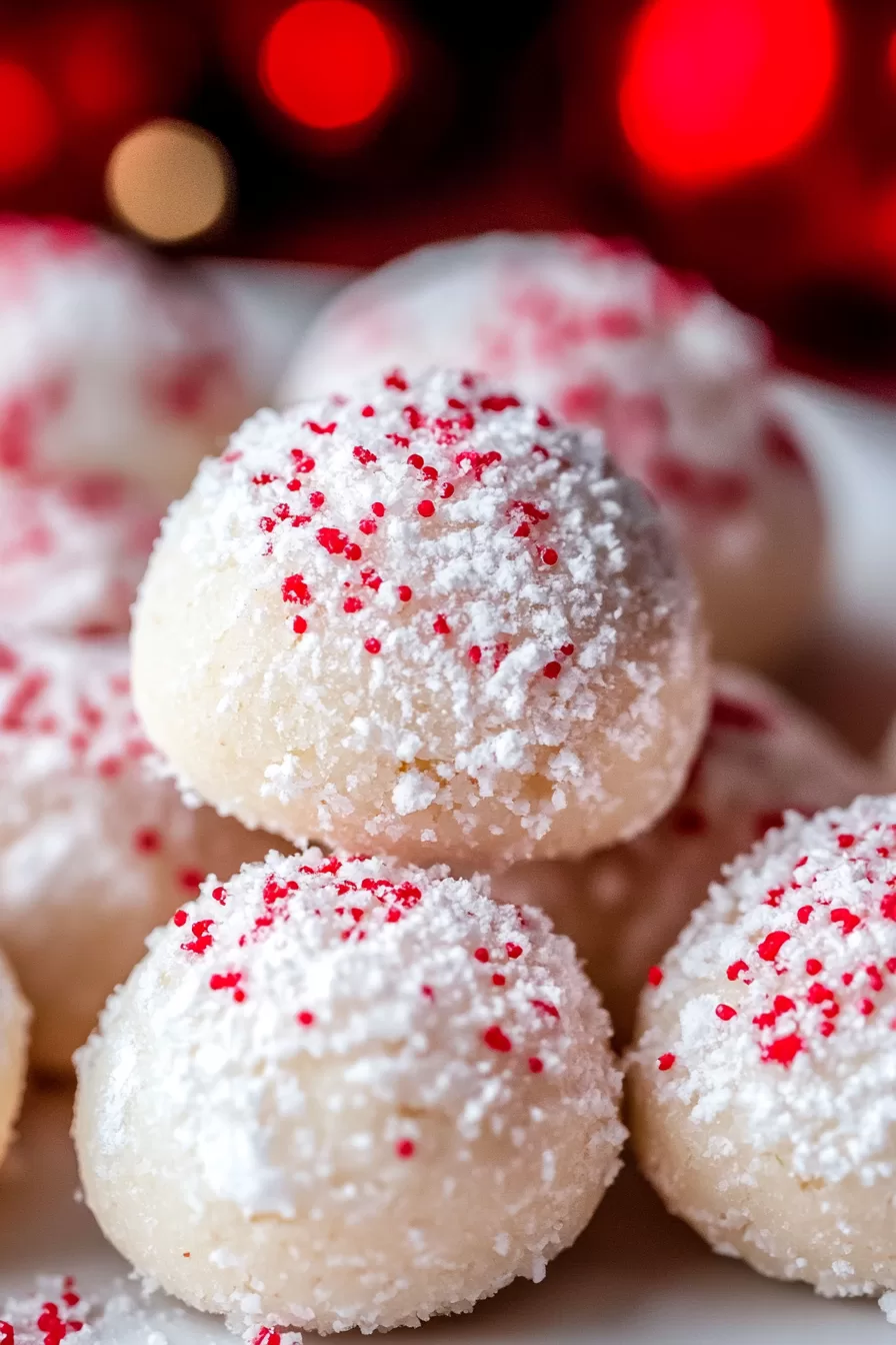 A holiday-inspired plate filled with freshly baked peppermint snowball cookies, surrounded by soft red and white candy cane crumbs.