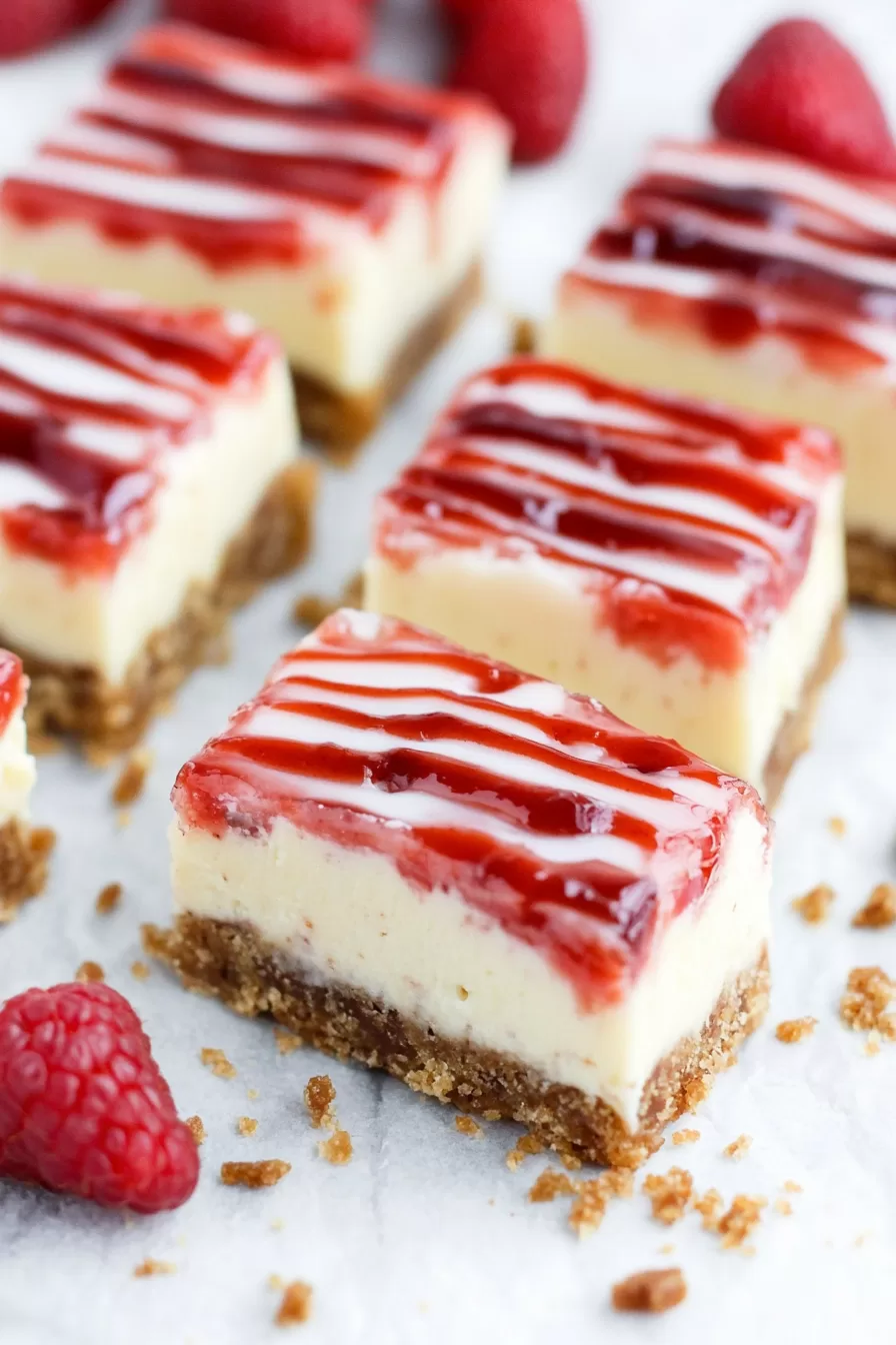 Close-up of creamy cheesecake bars topped with a vibrant strawberry glaze and a drizzle of white icing, set on a parchment-lined tray.