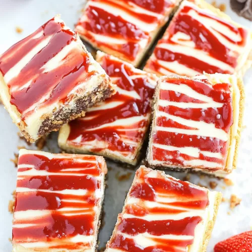 Slices of layered cheesecake bars with a graham cracker crust, arranged neatly with fresh strawberries scattered around.