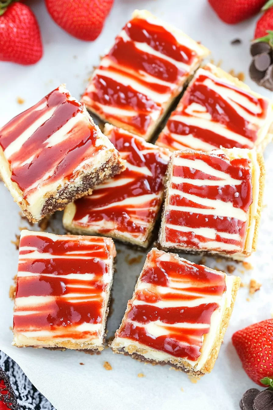 Slices of layered cheesecake bars with a graham cracker crust, arranged neatly with fresh strawberries scattered around.