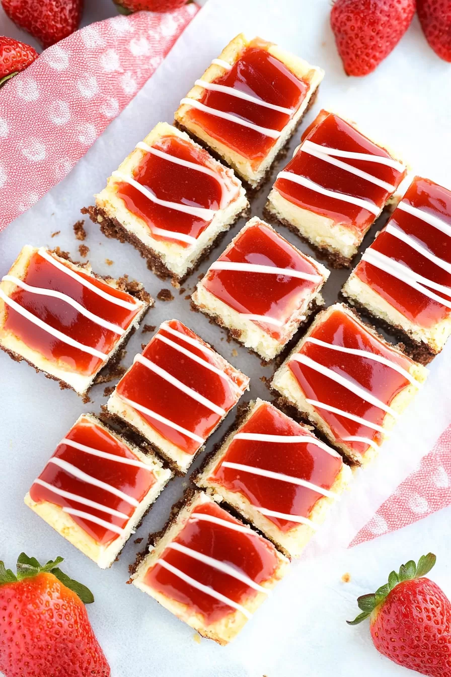 A stack of cheesecake bars showcasing their smooth texture and rich red strawberry topping, perfect for dessert.