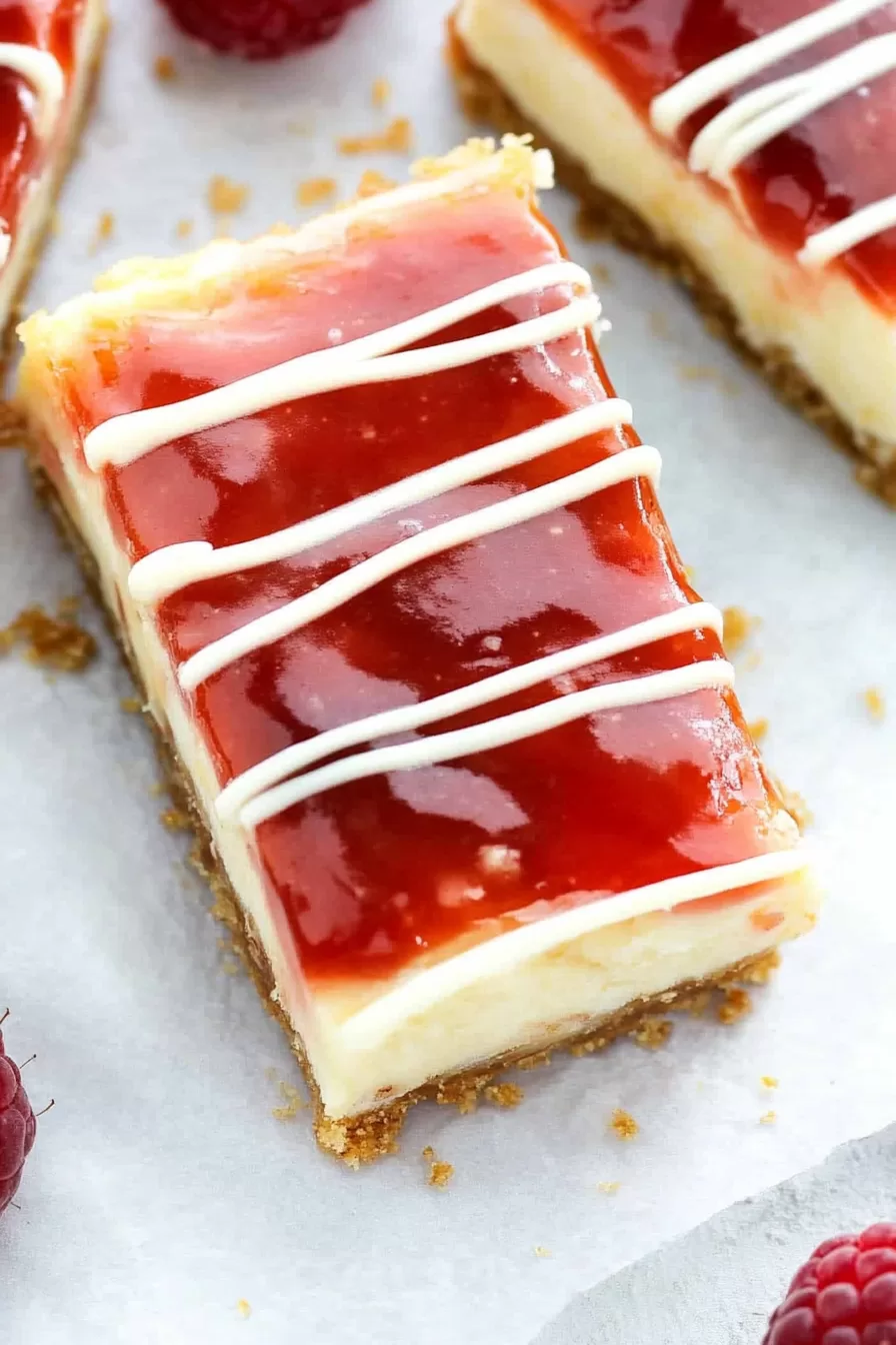 Single cheesecake bar highlighting its silky layers and sweet strawberry glaze, garnished with delicate white icing stripes.