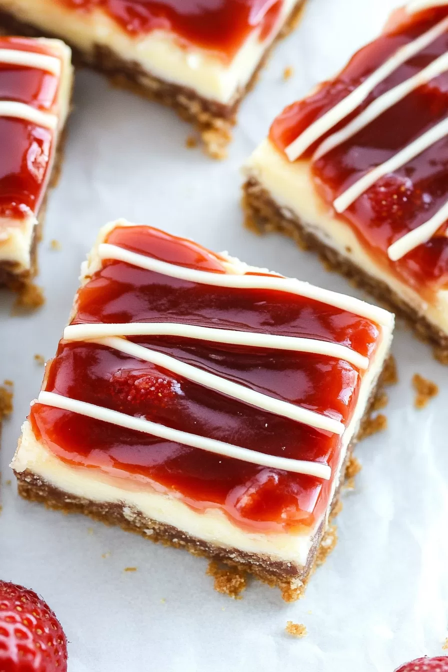 Overhead view of cheesecake squares decorated with glossy strawberry topping, styled with a festive touch.