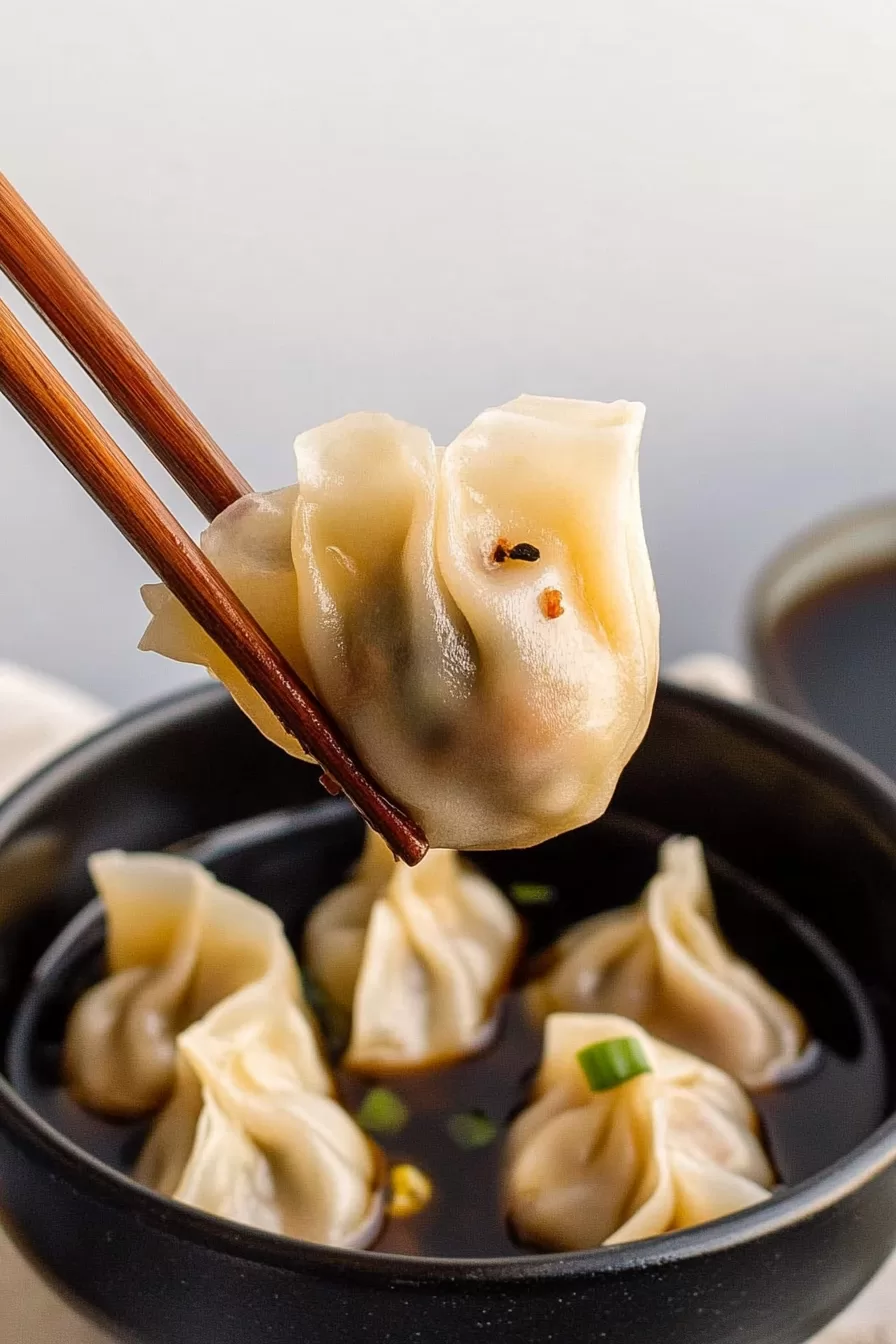 Chopsticks holding a pork wonton, highlighting the delicate texture of the wrapper.