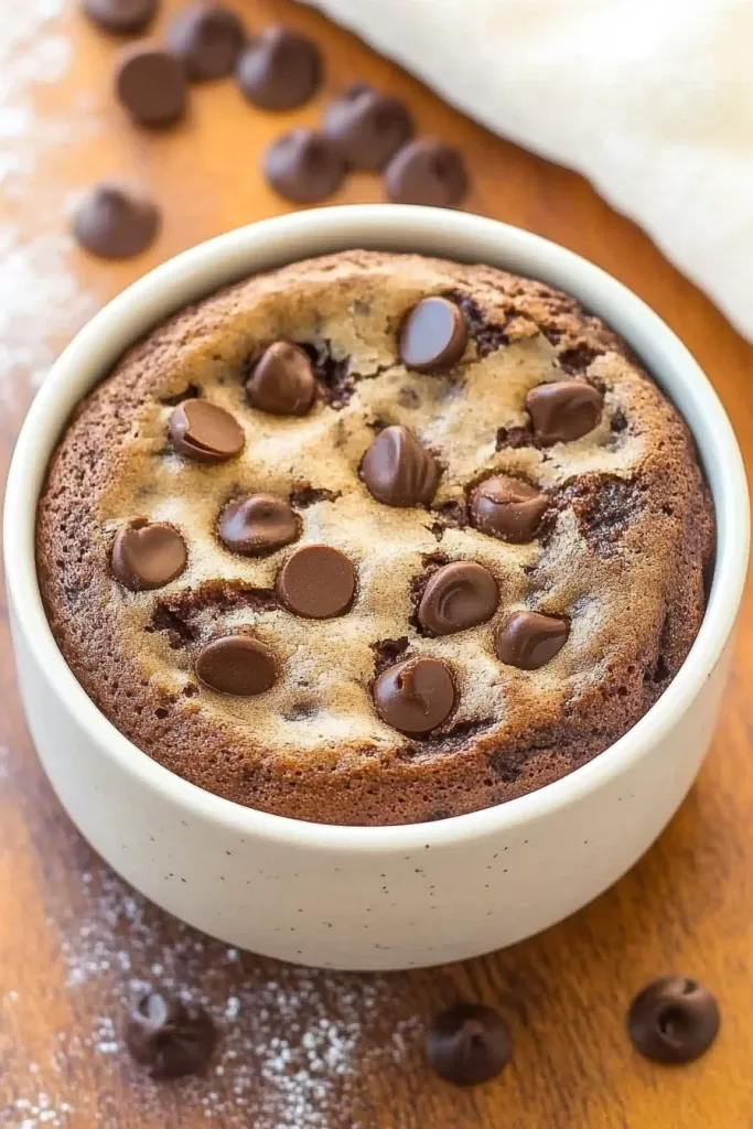 A close-up view of a freshly baked mug cake with a bite taken out, showing the moist texture.