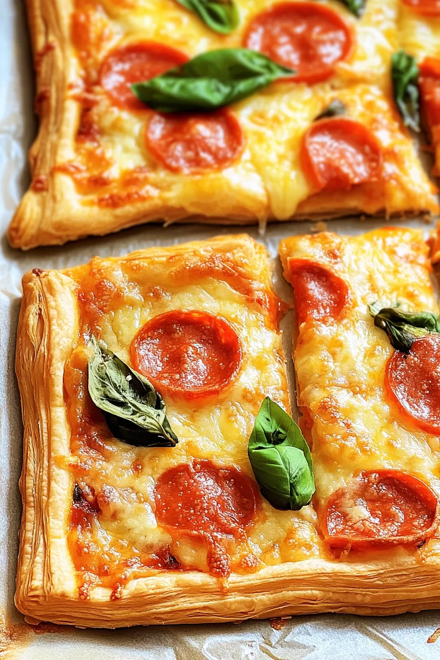 Golden puff pastry topped with pepperoni slices, fresh basil, and melted cheese, baked to perfection.