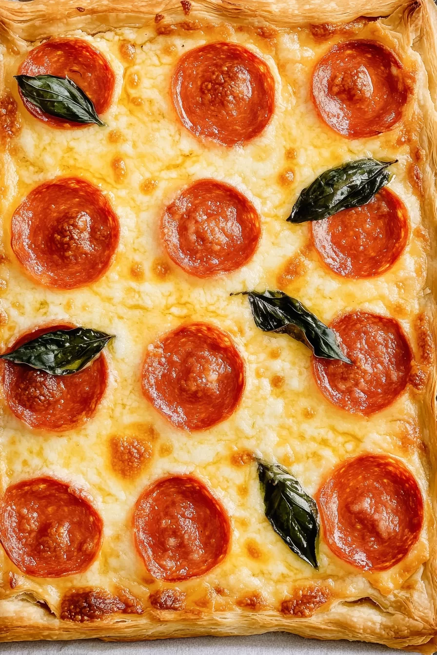 A close-up of flaky puff pastry squares with a layer of mozzarella cheese and vibrant pepperoni.