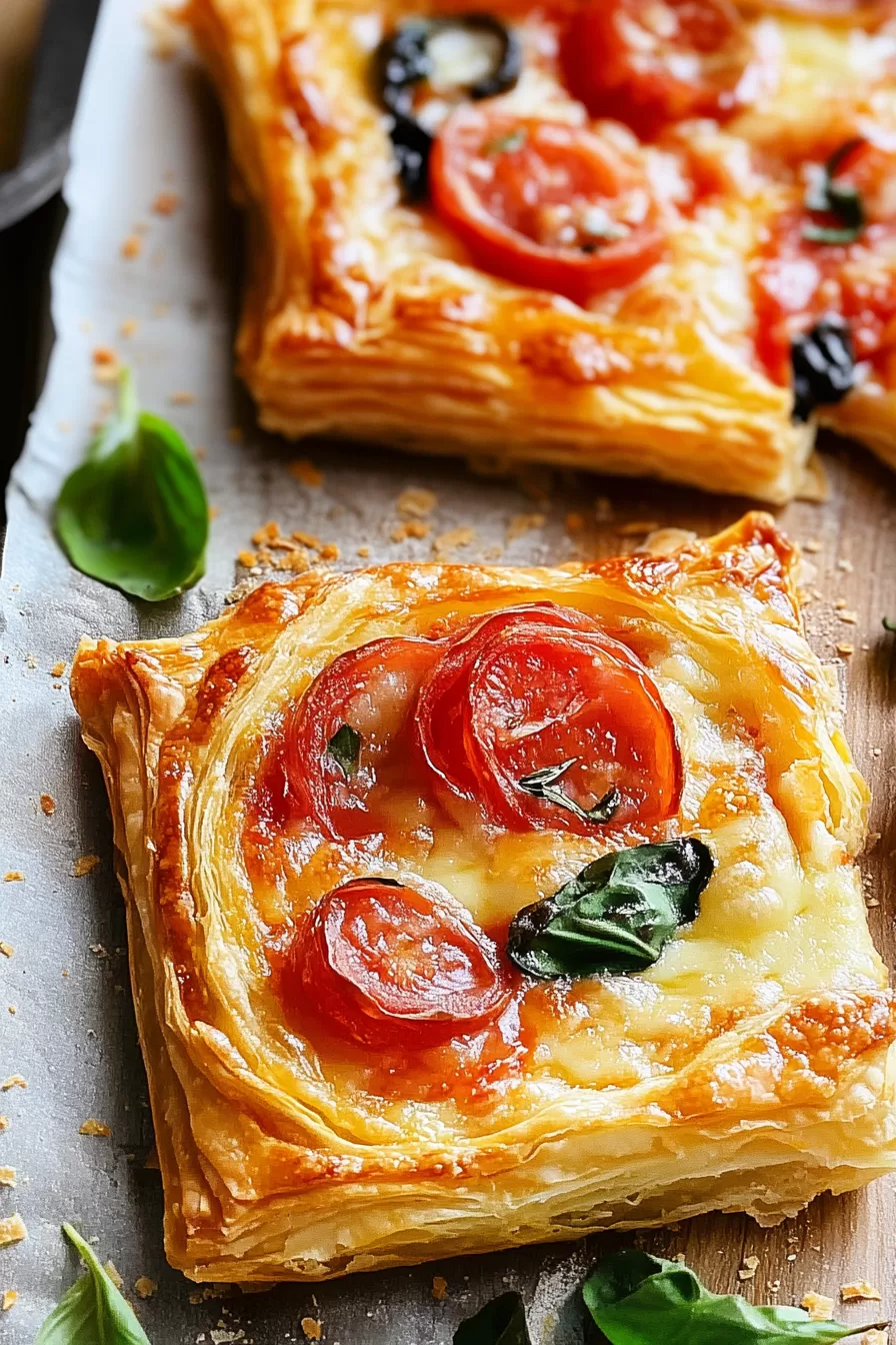 A rustic serving of puff pastry pizza topped with pepperoni and herbs, perfect for snacking.