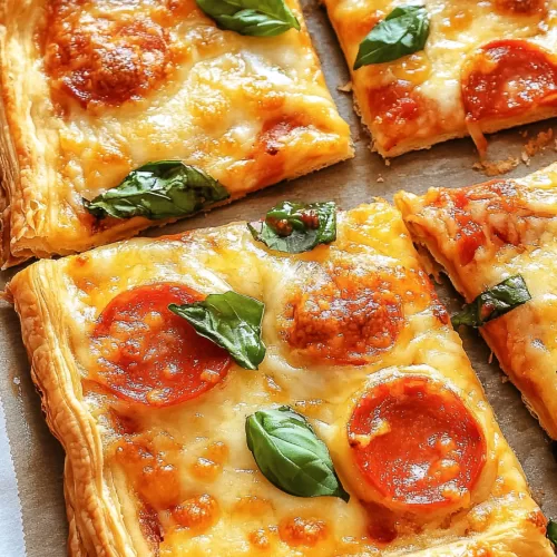 Crispy and golden puff pastry with melted cheese and a pop of green basil leaves.