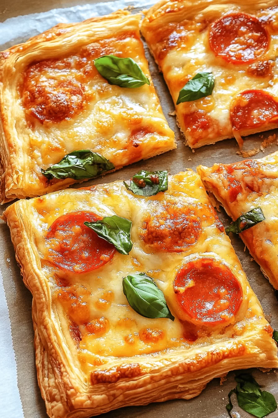 Crispy and golden puff pastry with melted cheese and a pop of green basil leaves.