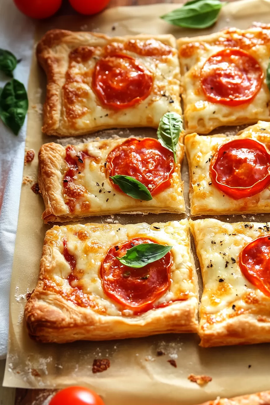 Freshly baked puff pastry pizza garnished with basil leaves on a parchment-lined tray.