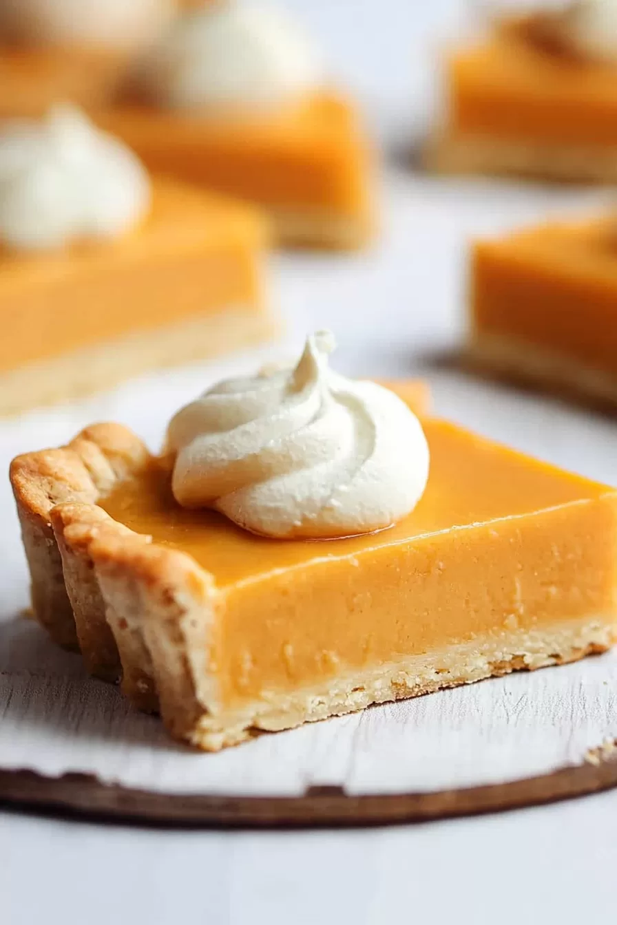 Close-up of a slice of pumpkin-inspired cheese and cracker tart topped with whipped cream.