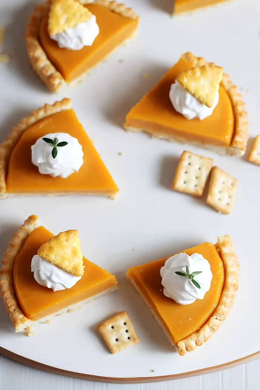 Mini pumpkin pie-style cheese slices garnished with whipped topping and decorative herbs.