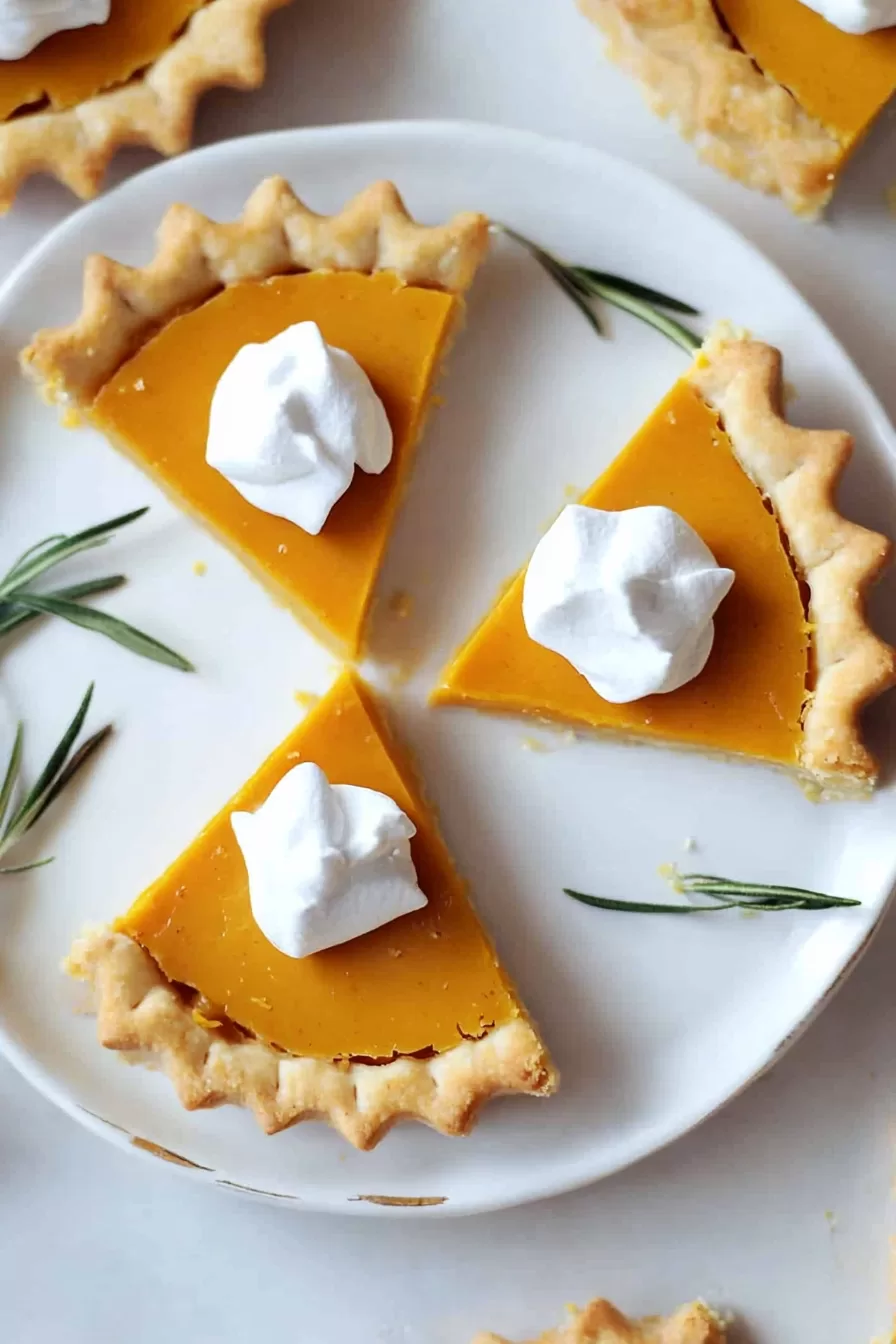 Overhead view of pumpkin pie-shaped cheese bites arranged on a white plate with rosemary sprigs.