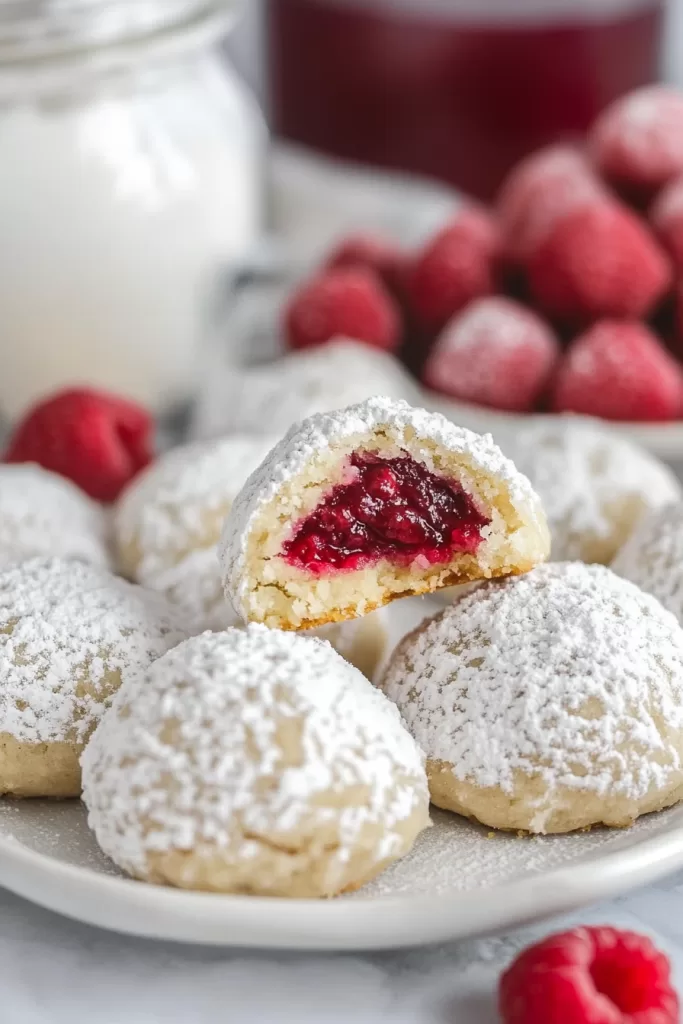 A stack of snowball cookies on a plate, revealing a luscious raspberry almond filling in one bitten piece.