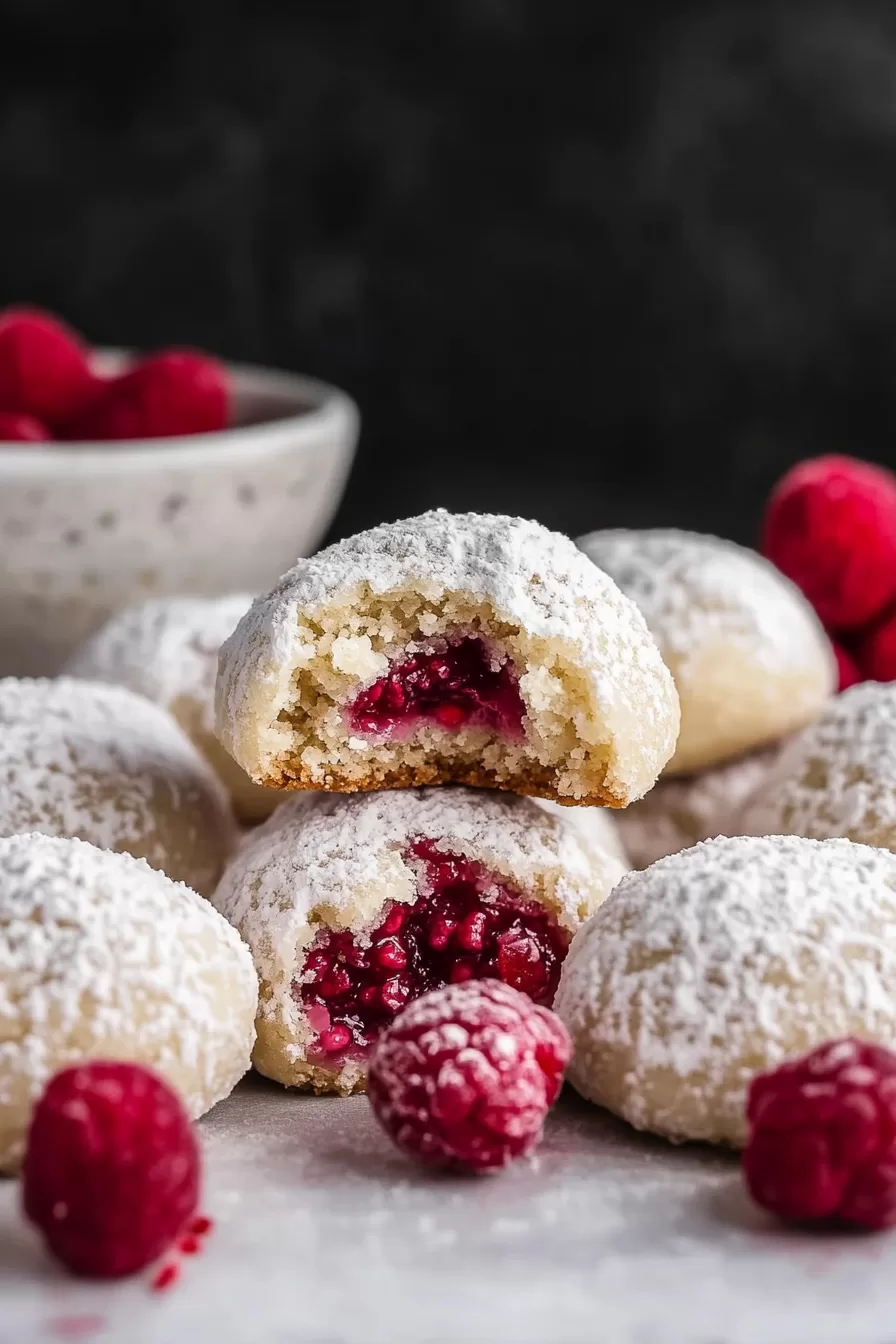 Snowball cookies dusted with powdered sugar, surrounded by fresh raspberries on a rustic surface.