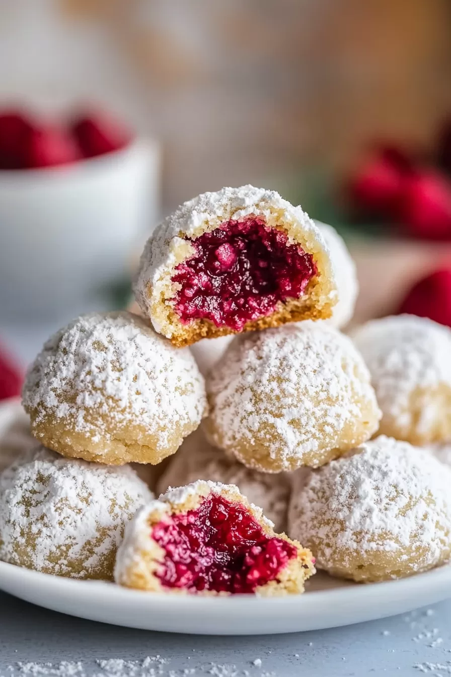 Close-up of a powdered sugar-coated cookie with a vibrant raspberry filling oozing from the center.