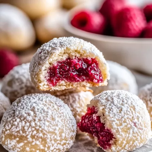 A snowball cookie split in half, showcasing the juicy raspberry filling inside, with a blurred background of cookies.