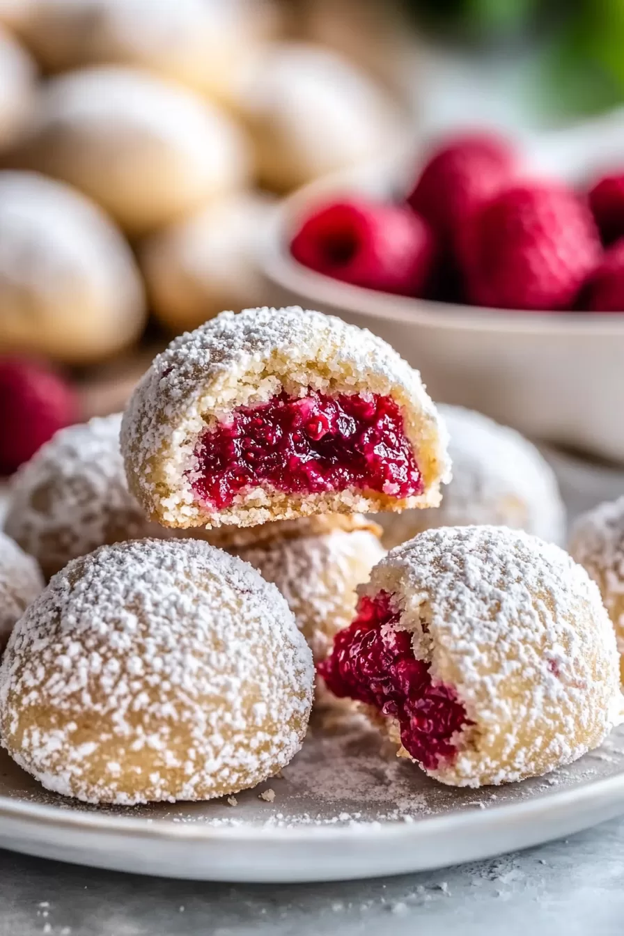 A snowball cookie split in half, showcasing the juicy raspberry filling inside, with a blurred background of cookies.