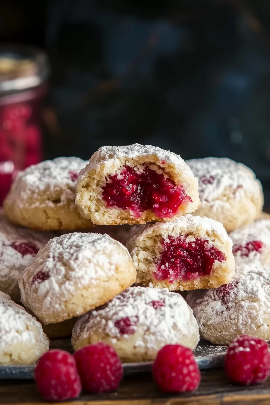 A festive display of raspberry almond cookies, topped with powdered sugar, ready for serving.