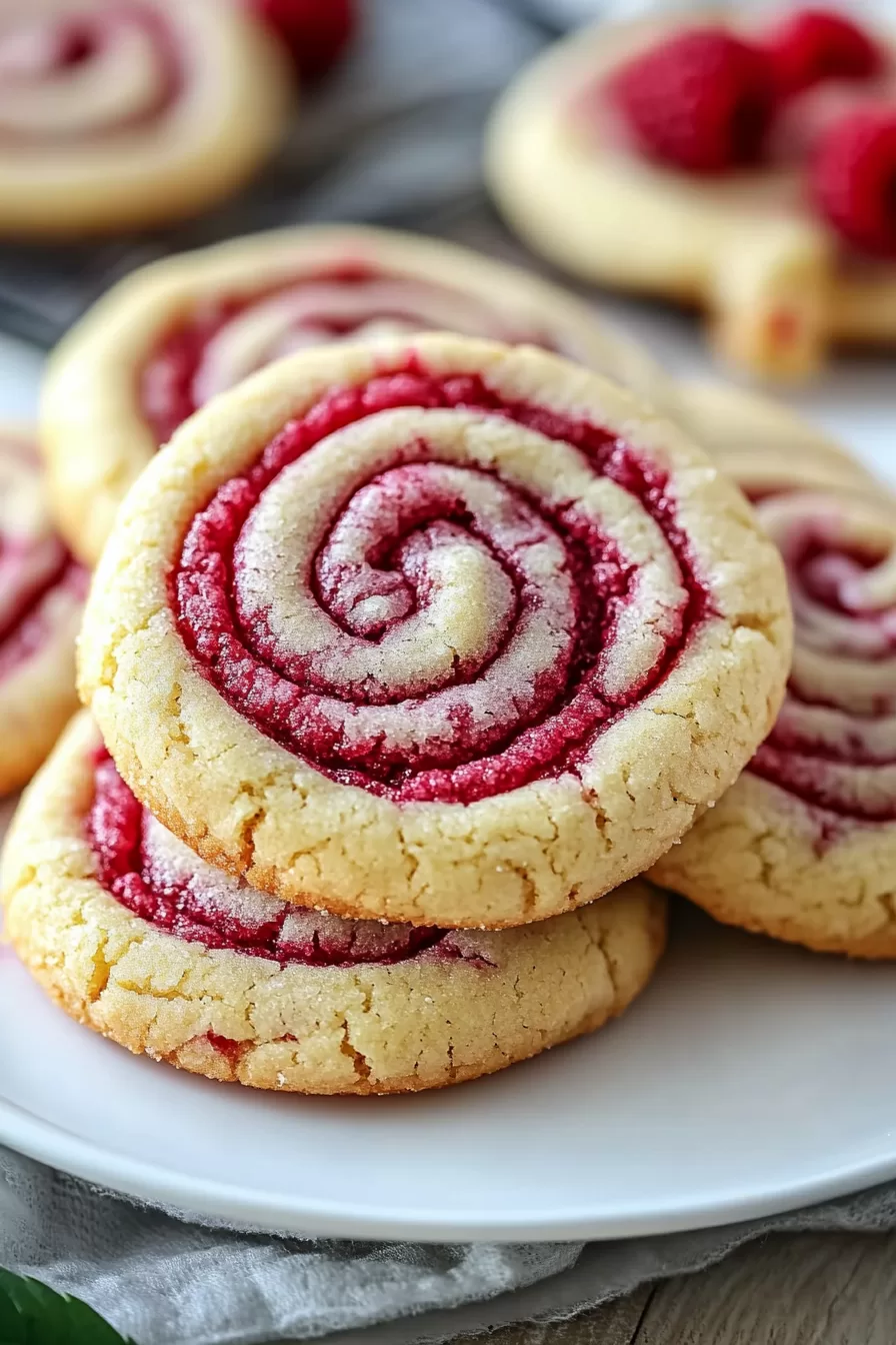 A stack of golden cookies showcasing their delicate raspberry swirl pattern, with a rustic wooden background.