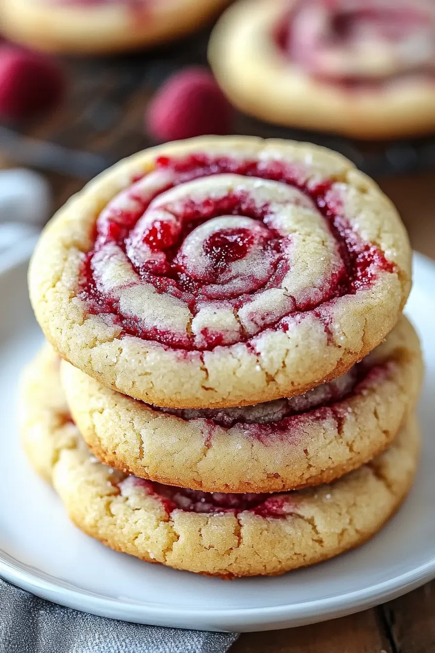 A close-up shot of freshly baked raspberry swirl cookies with vibrant red swirls, stacked on a white plate.