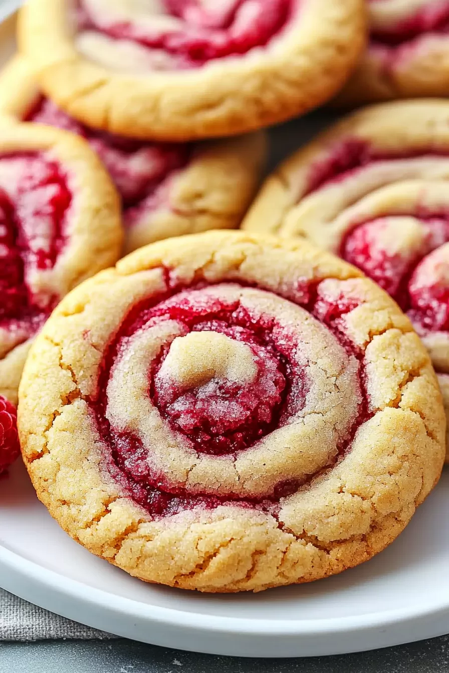 A single raspberry swirl cookie on a white plate, highlighting the intricate spiral design and sugar-dusted top.