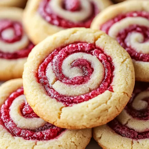 A plate filled with raspberry swirl cookies, surrounded by fresh raspberries, creating a colorful and inviting scene.