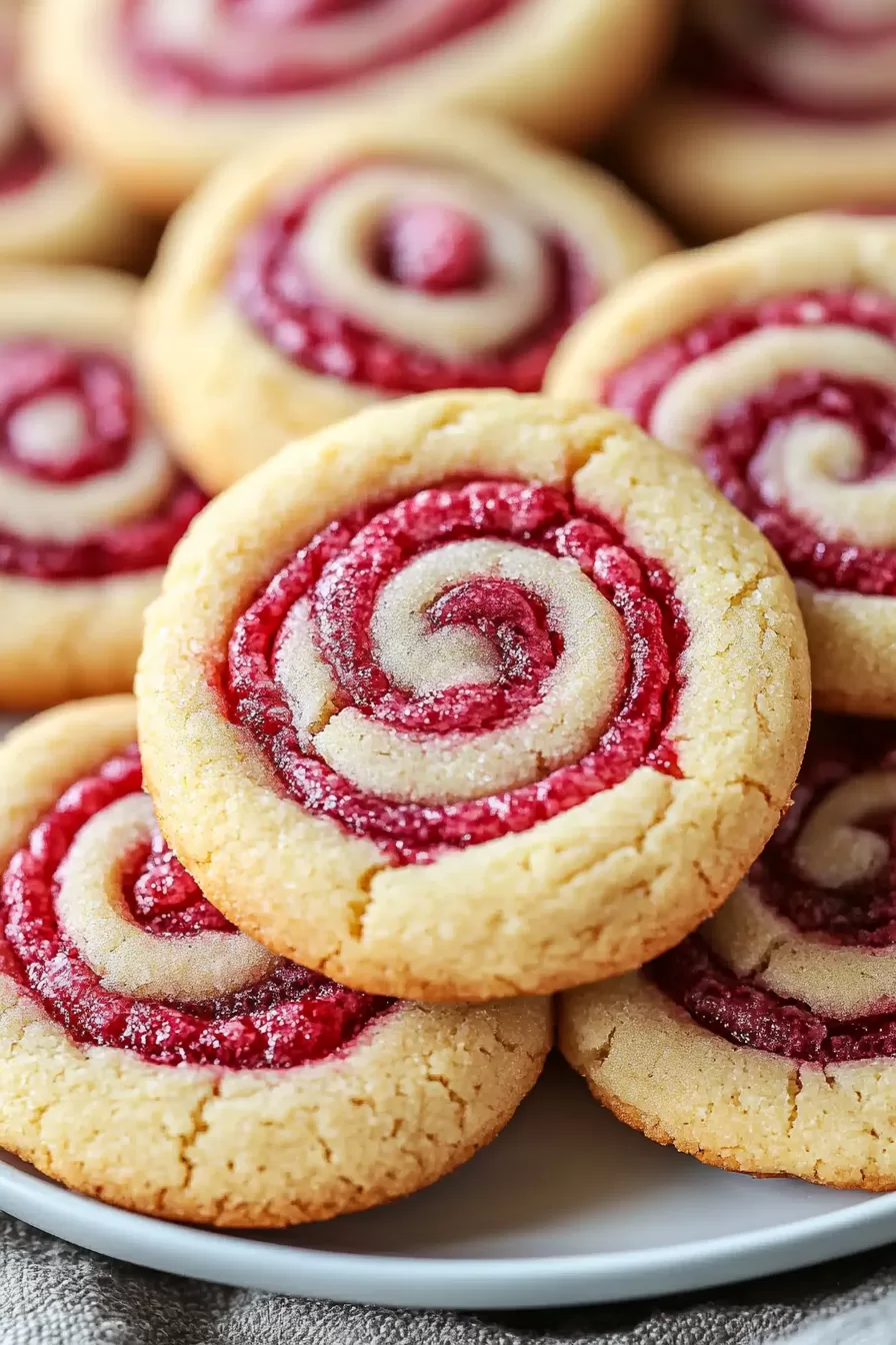 A plate filled with raspberry swirl cookies, surrounded by fresh raspberries, creating a colorful and inviting scene.