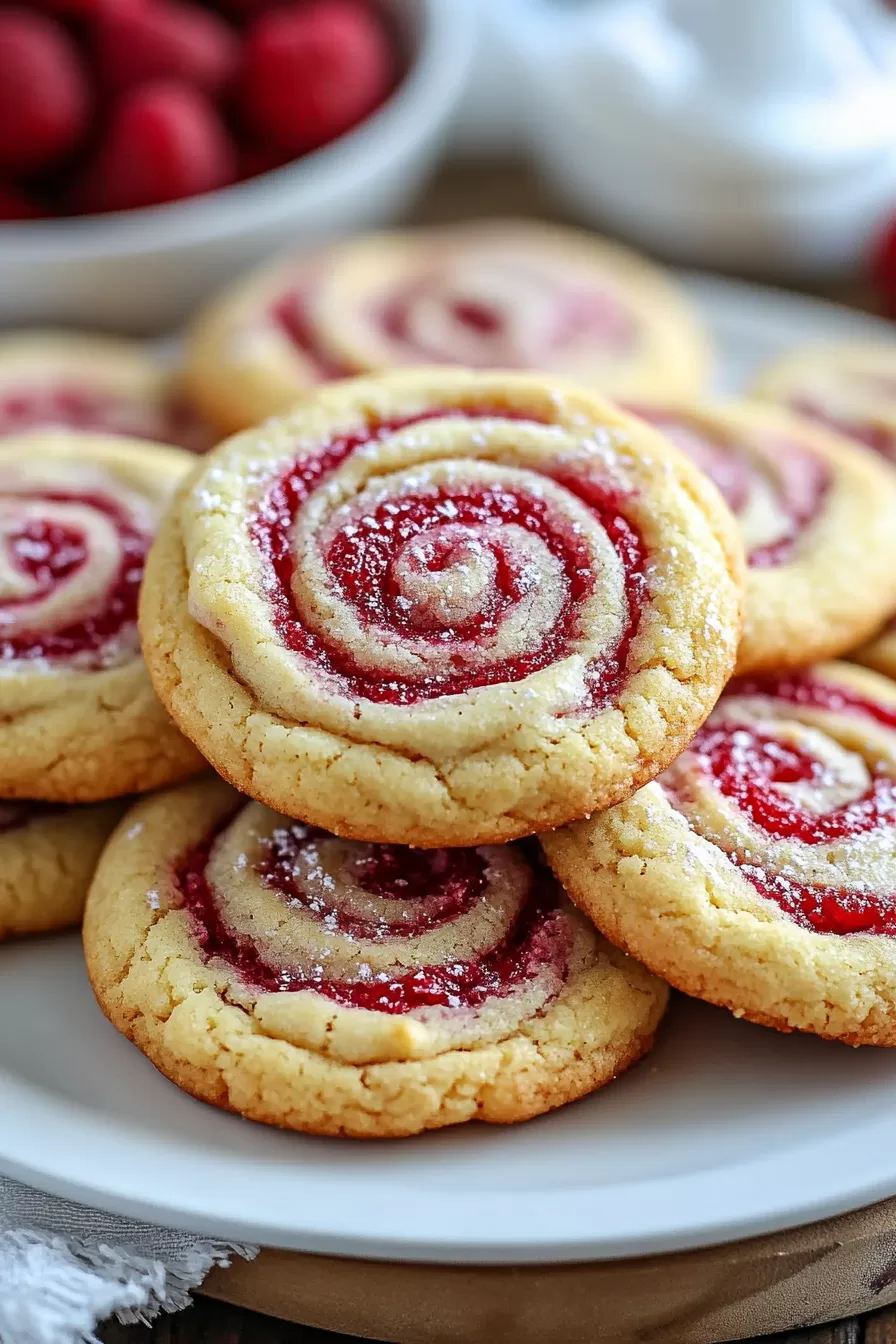 A collection of raspberry swirl cookies displayed on a cooling rack, their bright red swirls catching the light.