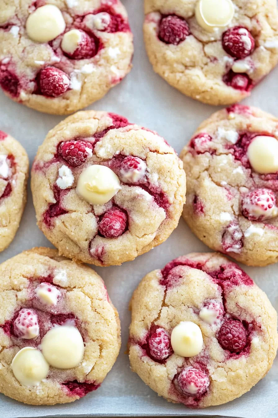 Top view of raspberry and white chocolate cookies with a perfect blend of tart berries and sweet chocolate.