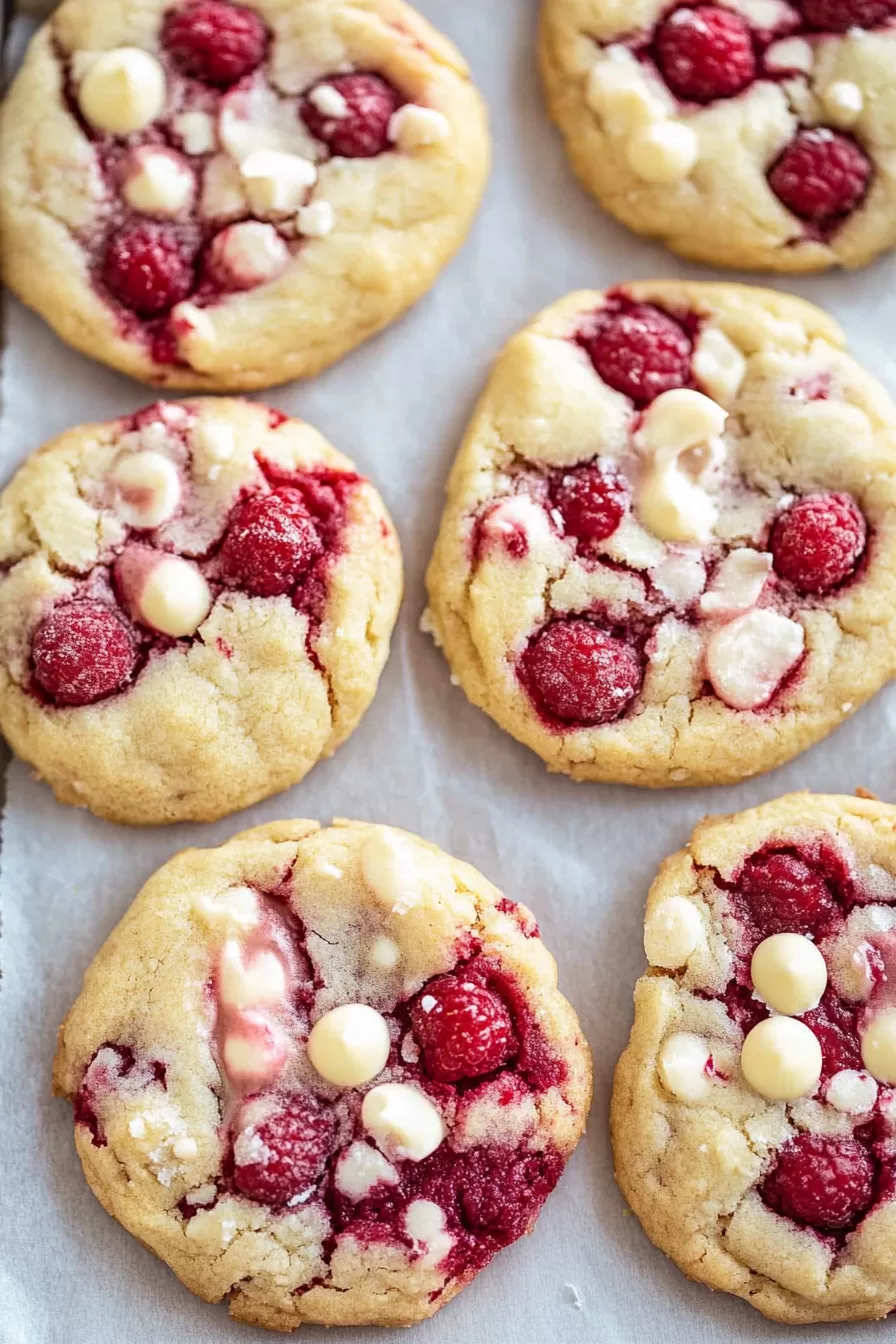 Freshly baked cookies with juicy raspberries and white chocolate chips, arranged on a baking sheet.