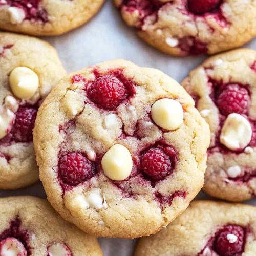 A delicious stack of soft raspberry and white chocolate cookies, highlighting their rich texture and vibrant colors.