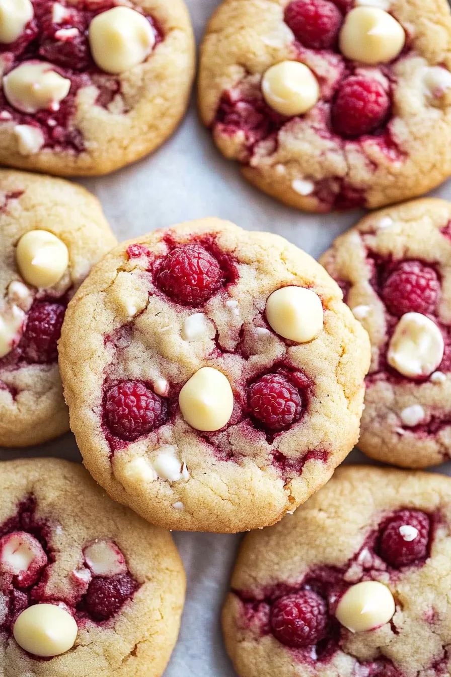 A delicious stack of soft raspberry and white chocolate cookies, highlighting their rich texture and vibrant colors.