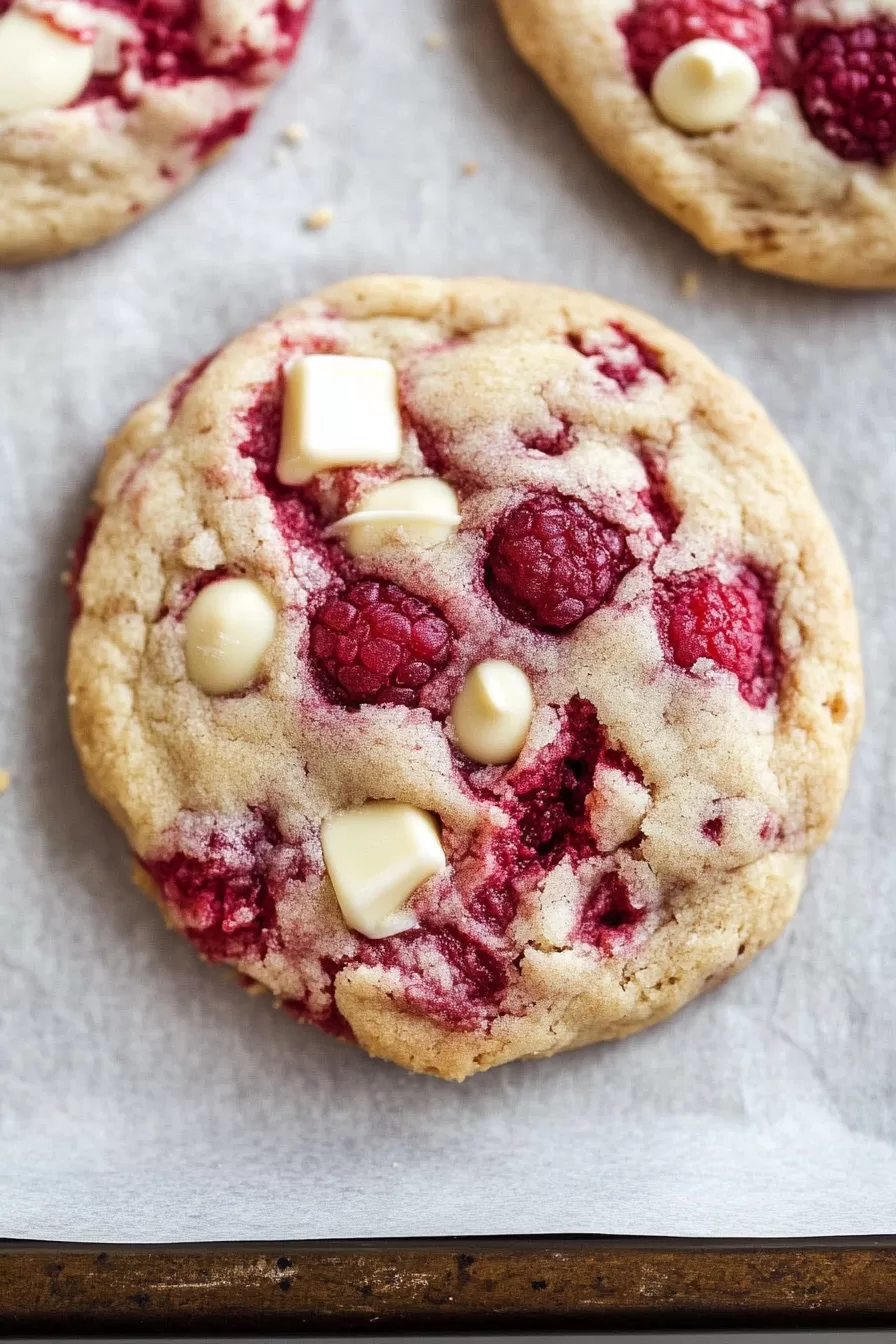 A close-up of golden cookies studded with fresh raspberries and creamy white chocolate chips on parchment paper.