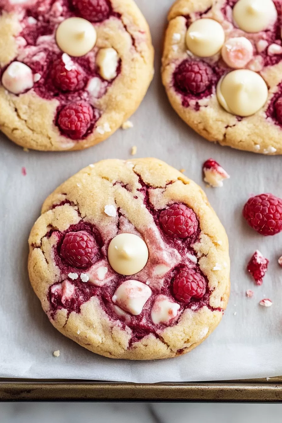 A batch of raspberry and white chocolate chip cookies with vibrant berries and melting chocolate pieces.