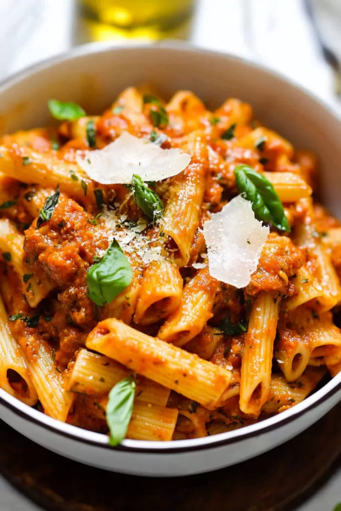 A bowl of penne pasta topped with a vibrant red sauce and garnished with fresh basil leaves and shaved parmesan.