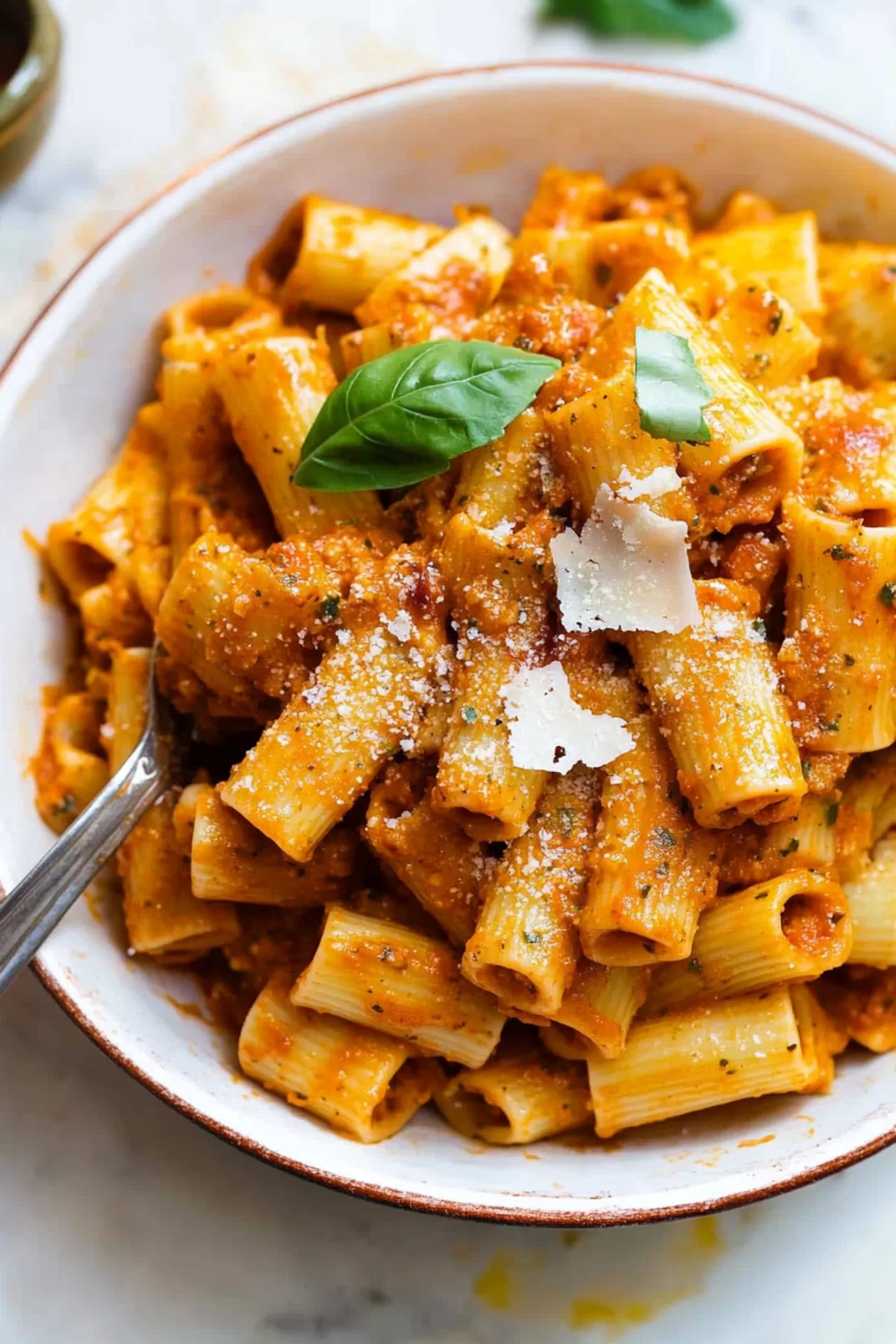 Plate of rigatoni pasta in a hearty tomato-based sauce, sprinkled with grated parmesan and fresh basil.