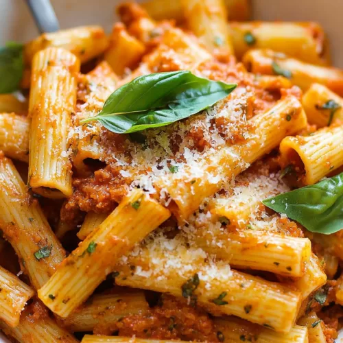 Close-up of creamy pasta coated in a rich red sauce, accented by herbs and cheese.