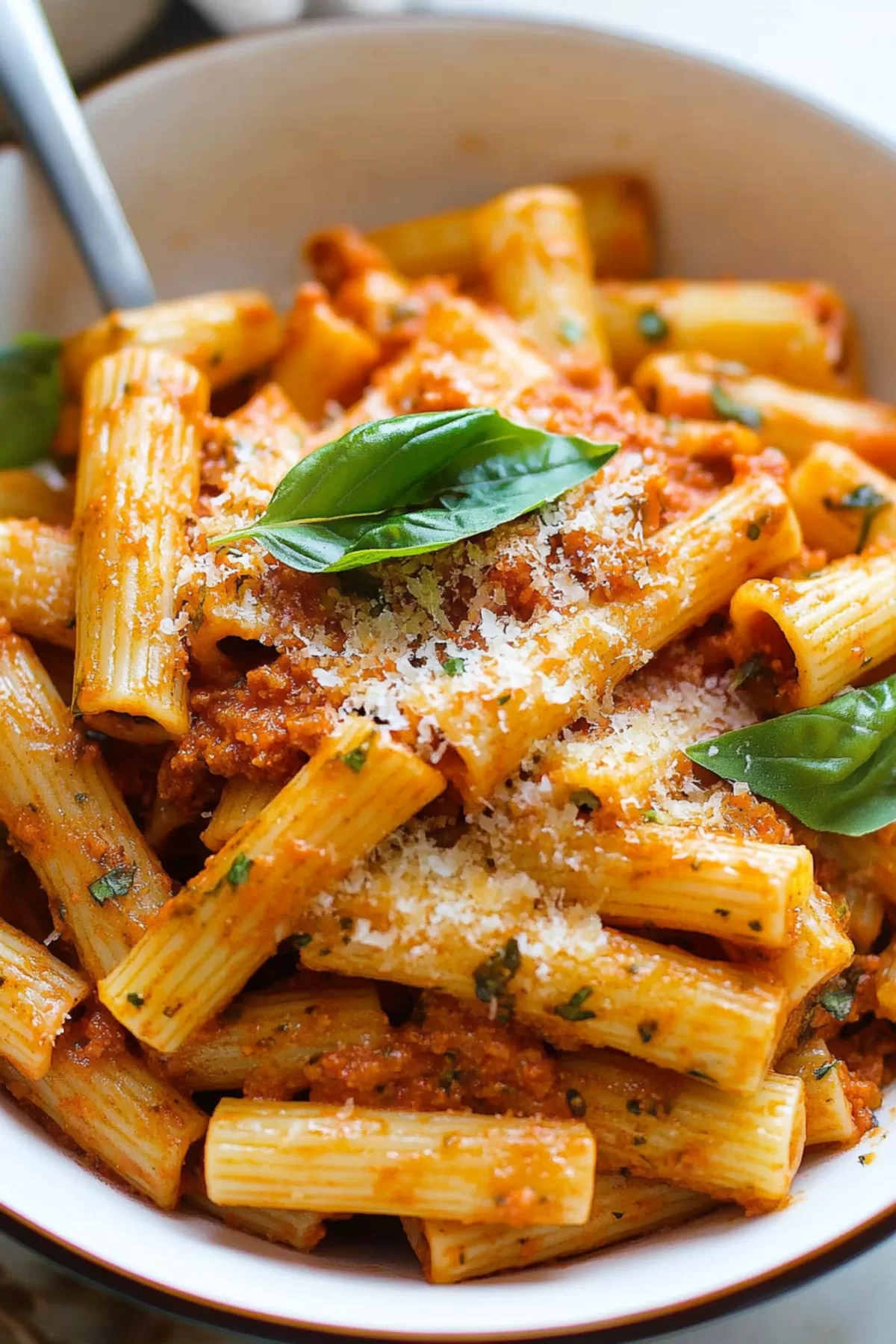 Close-up of creamy pasta coated in a rich red sauce, accented by herbs and cheese.