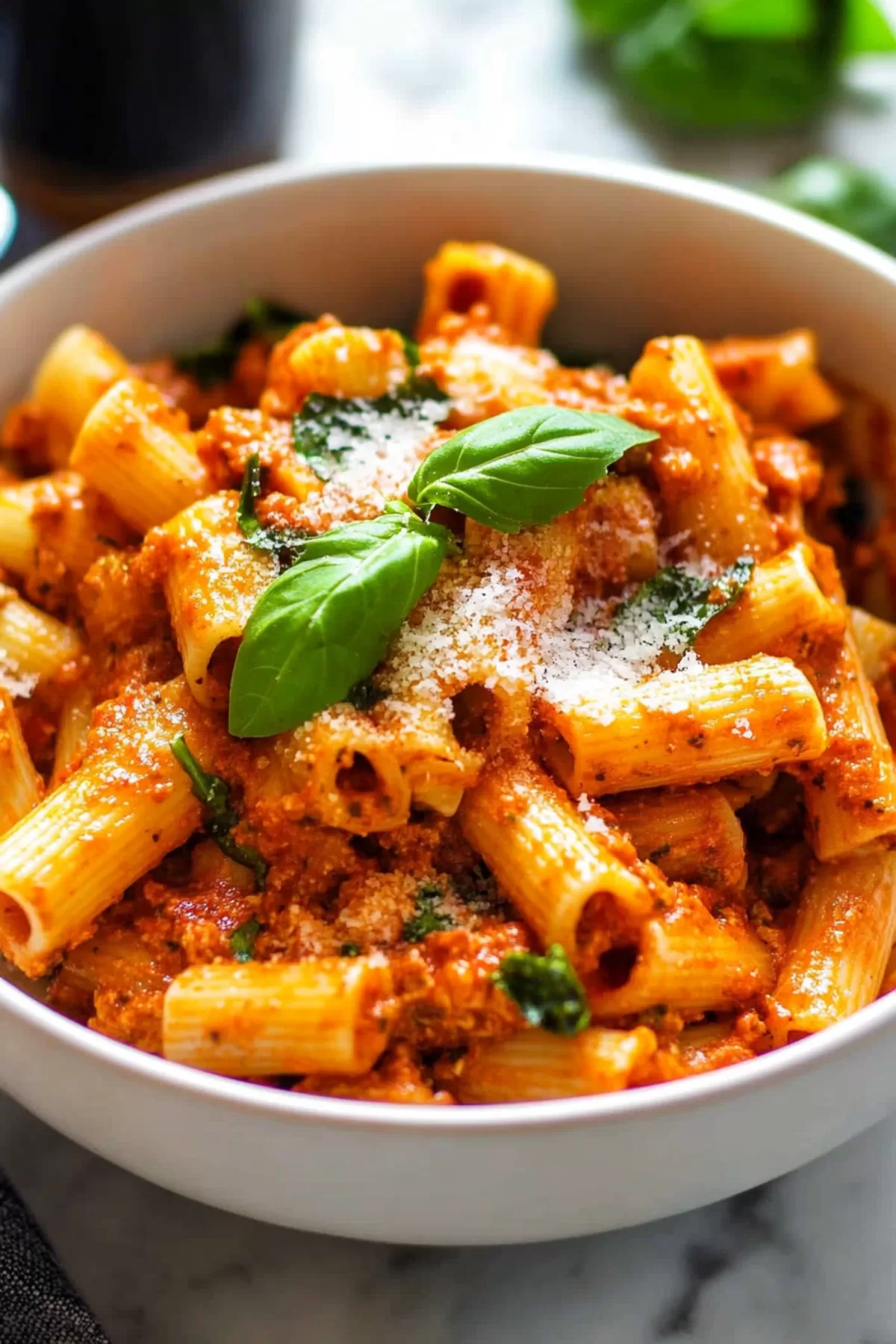 Pasta in a bold red sauce served in a white bowl, with fresh green basil as a garnish.