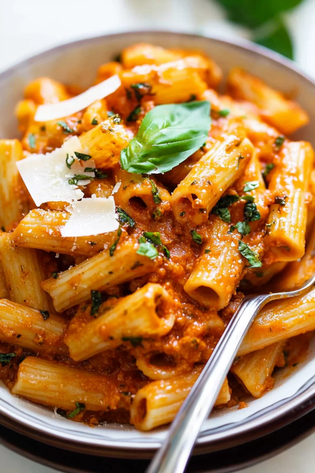 Warm and flavorful pasta dish with a creamy red sauce and a touch of parmesan, ready to enjoy.