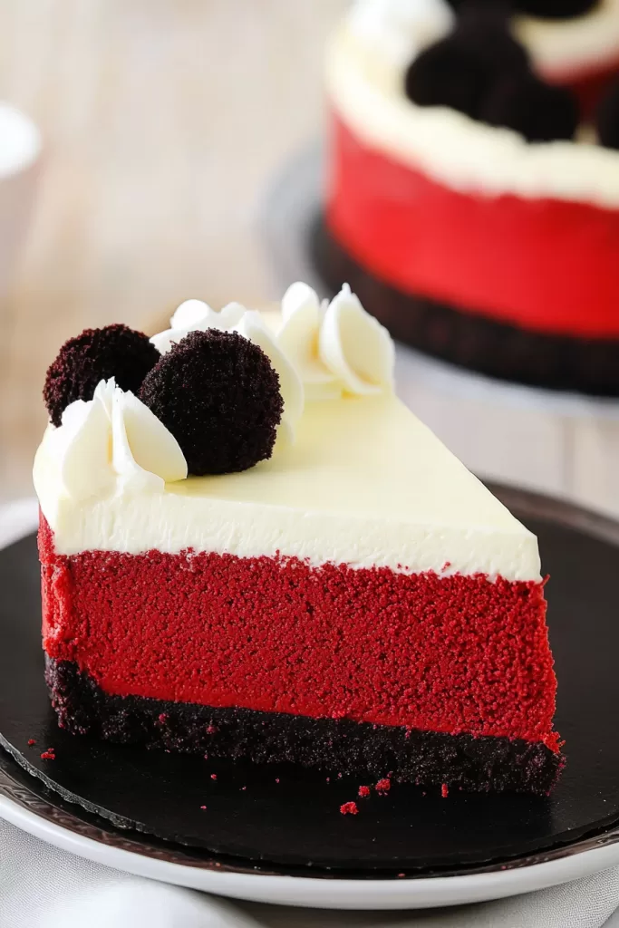 A slice of vibrant red velvet cheesecake with a creamy layer of frosting and decorative toppings on a plate.