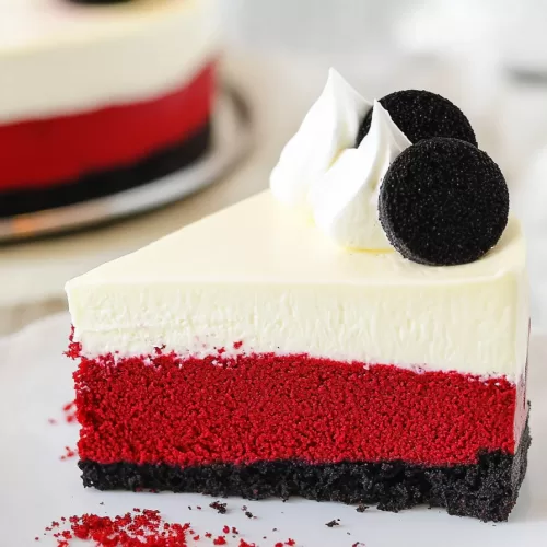 Elegant slice of layered dessert featuring a red velvet middle and fluffy white topping on a black plate.