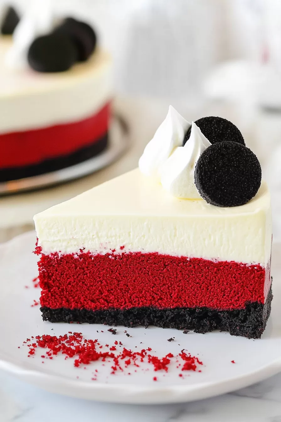 Elegant slice of layered dessert featuring a red velvet middle and fluffy white topping on a black plate.