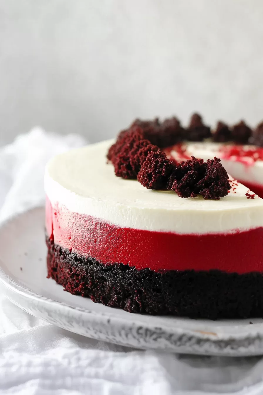 Whole cheesecake with vibrant red and white layers, garnished with crumbles and whipped cream swirls.