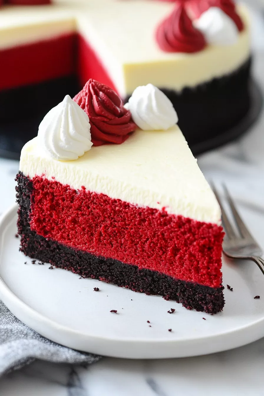 Textured red and white cheesecake slice, showcasing the contrast between the smooth cream and bold cake layers.