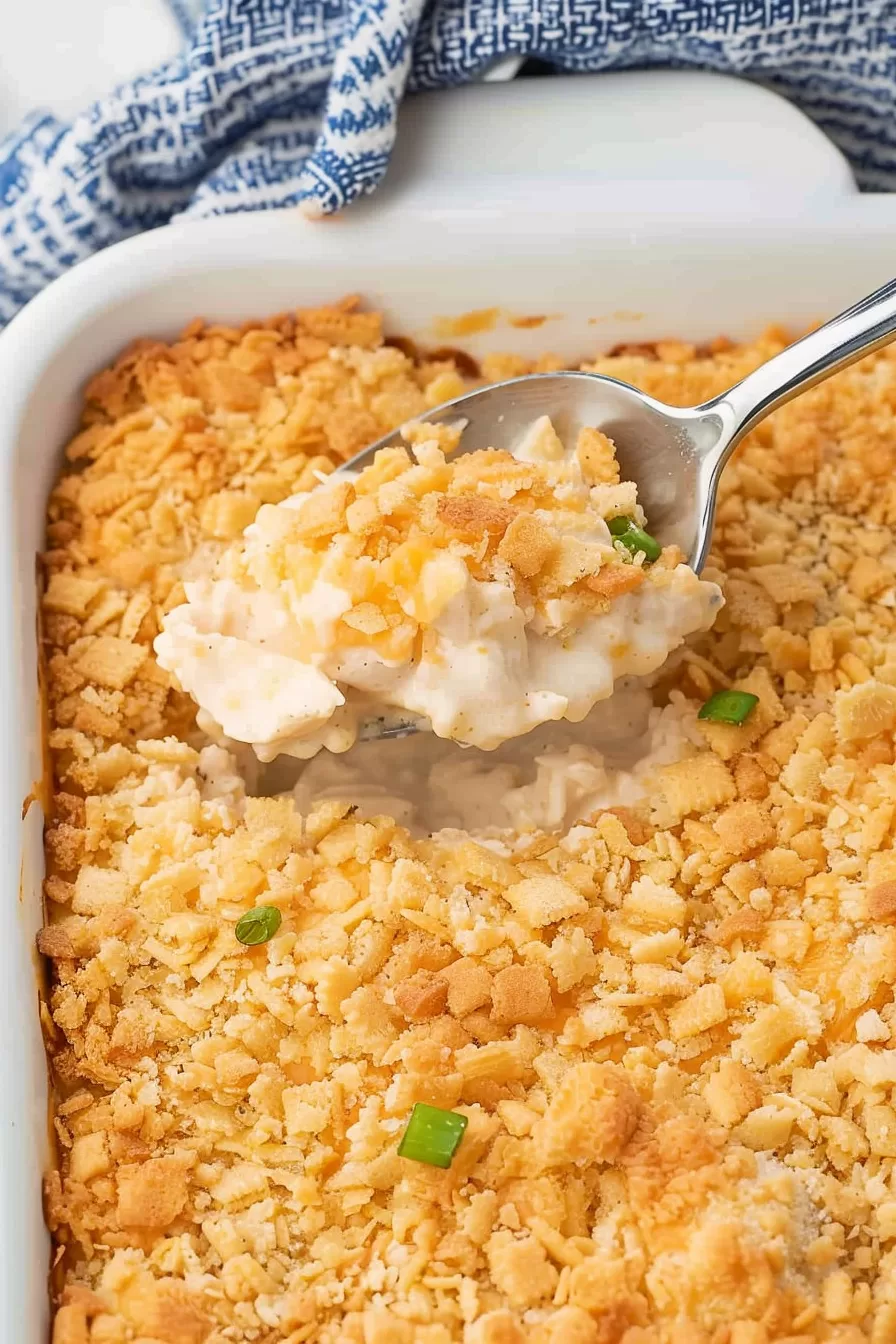 A close-up of creamy chicken casserole topped with golden, buttery Ritz cracker crumbs and garnished with fresh green onions.