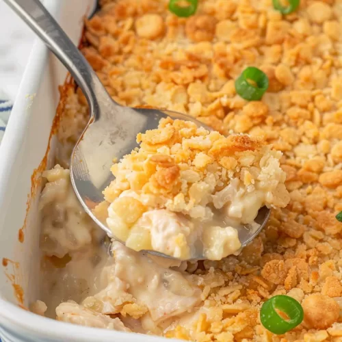 A baking dish filled with Ritz Cracker Chicken Casserole, showcasing its golden, crispy cracker topping.